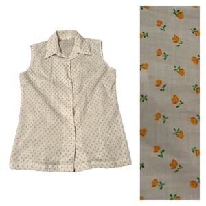 Vintage 1970s Sleeveless Orange Floral Blouse Button Up Top / Women’s Small